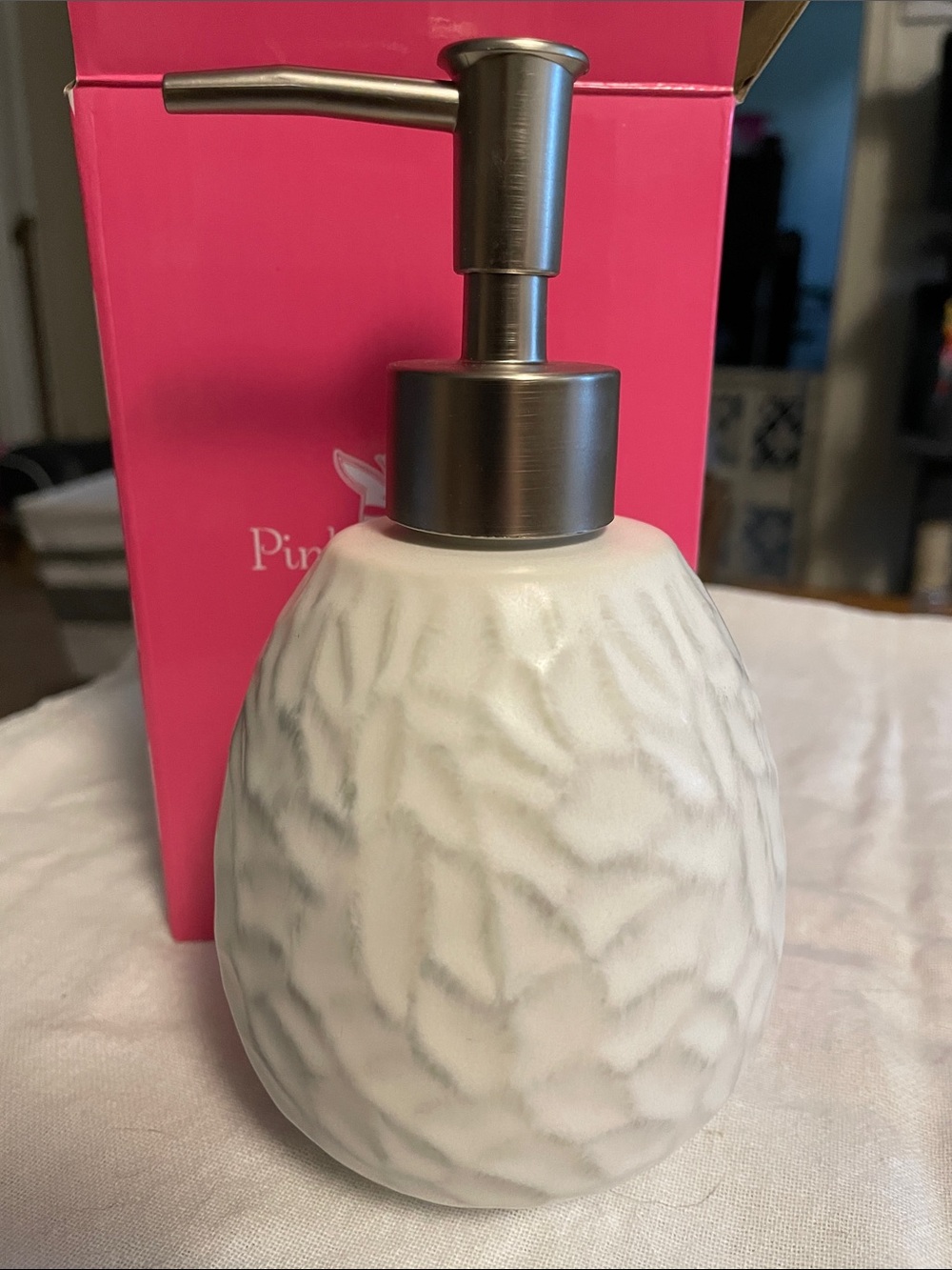 Pink Zebra Ceramic Hand Soap Dispenser in White and Silver
